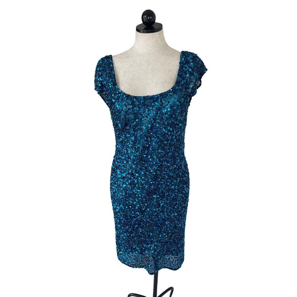 Scala Vintage Womens Dress Size Large Blue Sequin Beaded Lined Pure Silk